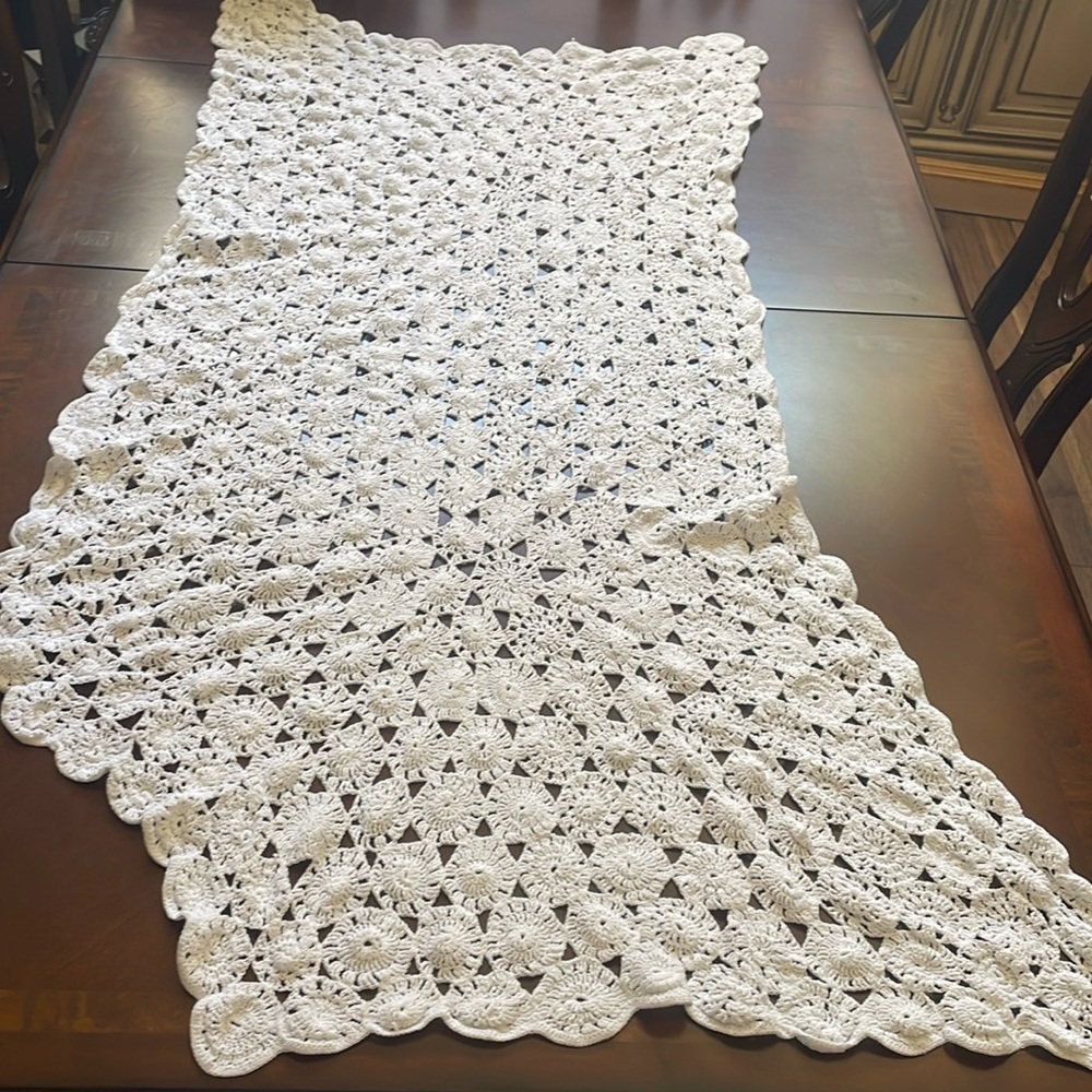 Hand made white cotton crochet medallion table runner cover with angle